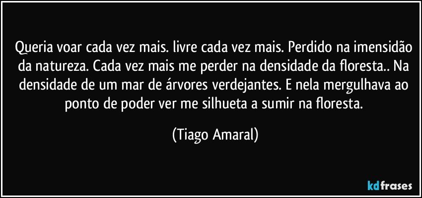 Queria voar cada vez mais. livre cada vez mais. Perdido na imensidão da natureza. Cada vez mais me perder na densidade da floresta.. Na densidade de um mar de árvores verdejantes. E nela mergulhava ao ponto de poder ver me silhueta a sumir na floresta. (Tiago Amaral)