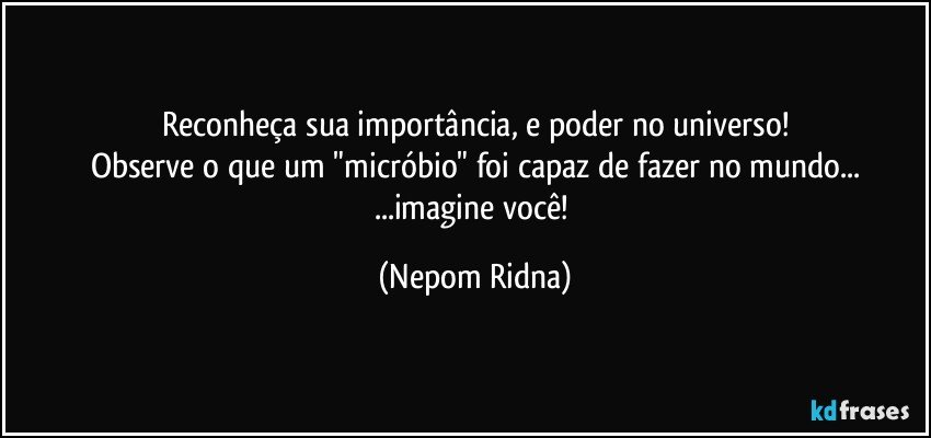 Reconheça sua importância, e poder no universo!
Observe o que um "micróbio" foi capaz de fazer no mundo...
...imagine você! (Nepom Ridna)