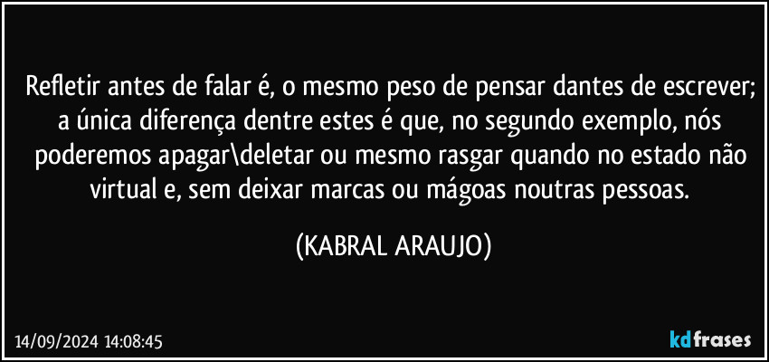 Refletir antes de falar é, o mesmo peso de pensar dantes de escrever; a única diferença dentre estes é que, no segundo exemplo, nós poderemos apagar\deletar ou mesmo rasgar quando no estado não virtual e, sem deixar marcas ou mágoas noutras pessoas. (KABRAL ARAUJO)