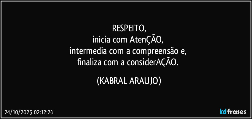 RESPEITO,
inicia com AtenÇÃO, 
intermedia com a compreensão e, 
finaliza com a considerAÇÃO. (KABRAL ARAUJO)