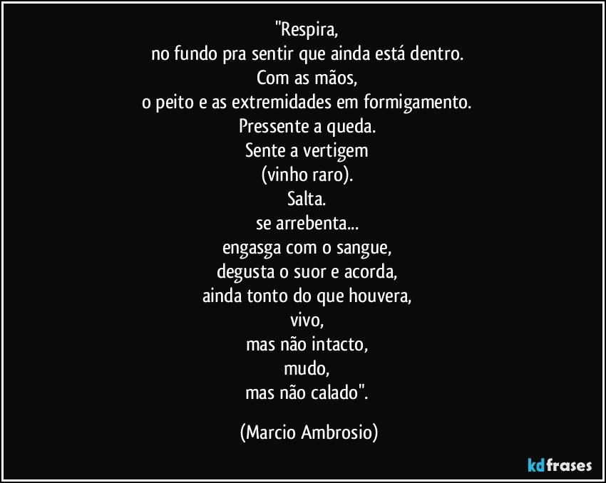 "Respira, 
no fundo pra sentir que ainda está dentro. 
Com as mãos, 
o peito e as extremidades em formigamento. 
Pressente a queda. 
Sente a vertigem 
(vinho raro). 
Salta. 
se arrebenta... 
engasga com o sangue, 
degusta o suor e acorda, 
ainda tonto do que houvera, 
vivo, 
mas não intacto, 
mudo, 
mas não calado". (Marcio Ambrosio)