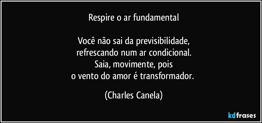 Respire o ar fundamental

Você não sai da previsibilidade,
refrescando num ar condicional.
Saia, movimente, pois
o vento do amor é transformador. (Charles Canela)