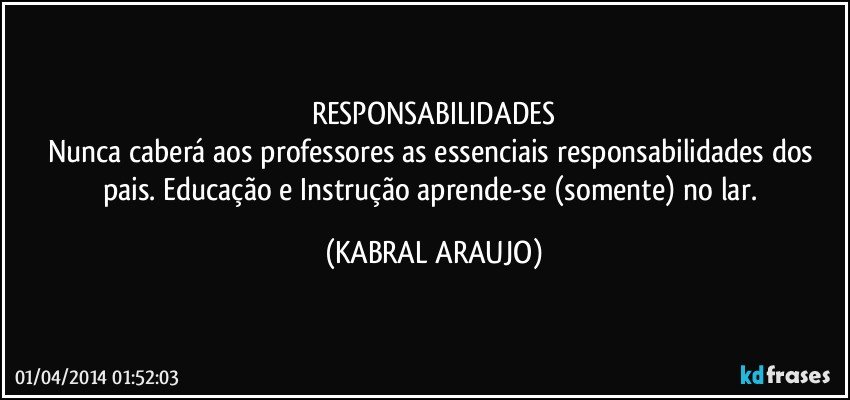 RESPONSABILIDADES
Nunca caberá aos professores as essenciais responsabilidades dos pais. Educação e Instrução aprende-se (somente) no lar. (KABRAL ARAUJO)