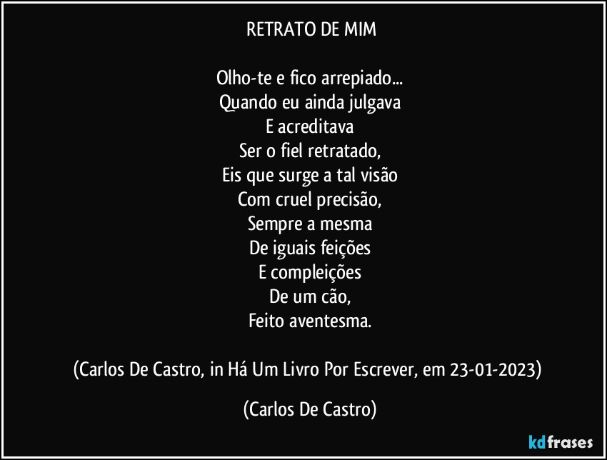 ⁠RETRATO DE MIM

Olho-te e fico arrepiado...
Quando eu ainda julgava
E acreditava
Ser o fiel retratado,
Eis que surge a tal visão
Com cruel precisão,
Sempre a mesma
De iguais feições
E compleições
De um cão,
Feito aventesma.

(Carlos De Castro, in Há Um Livro Por Escrever, em 23-01-2023) (Carlos De Castro)