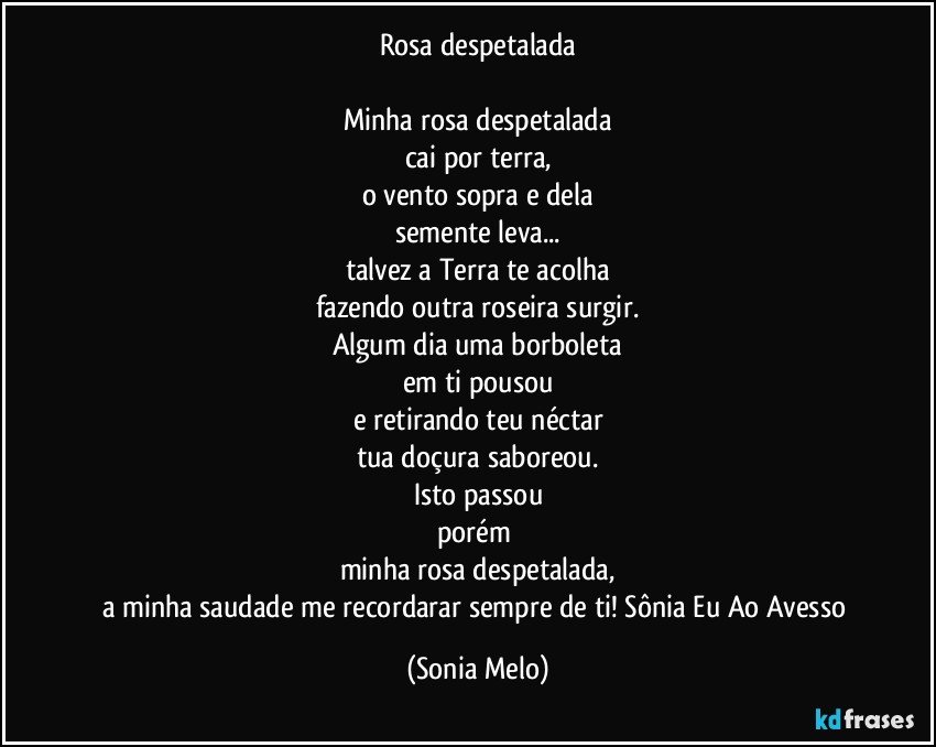 Rosa despetalada

Minha rosa despetalada
cai por terra,
o vento sopra e dela
semente leva...
talvez a Terra te acolha
fazendo outra roseira surgir.
Algum dia uma borboleta
em ti pousou
e retirando teu néctar
tua doçura saboreou.
Isto passou
porém 
minha rosa despetalada,
a minha saudade me recordarar sempre de ti! Sônia Eu Ao Avesso (Sonia Melo)