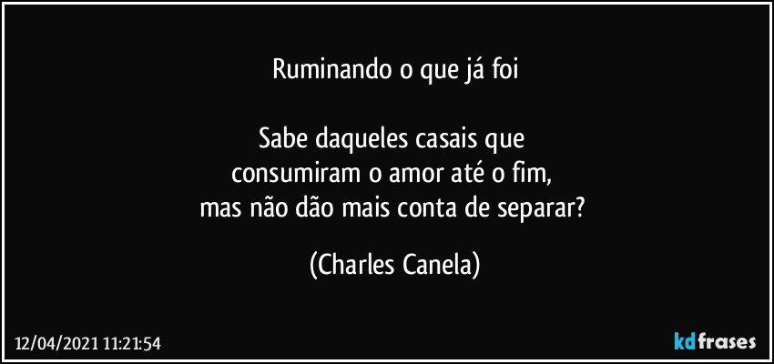 Ruminando o que já foi

Sabe daqueles casais que 
consumiram o amor até o fim, 
mas não dão mais conta de separar? (Charles Canela)