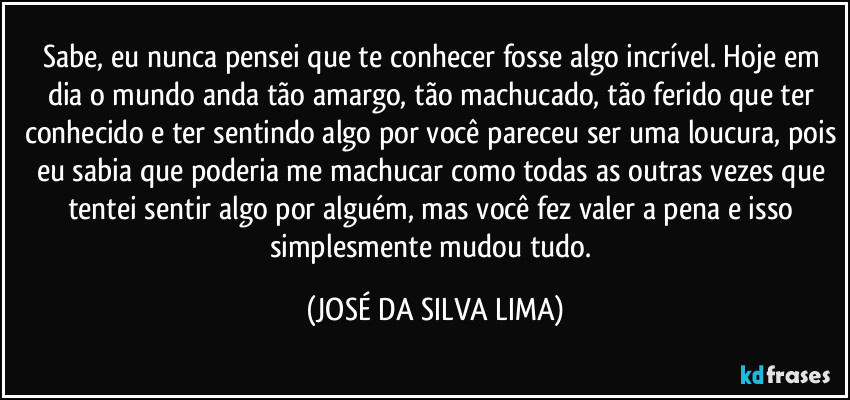 Sabe, eu nunca pensei que te conhecer fosse algo incrível. Hoje em dia o mundo anda tão amargo, tão machucado, tão ferido que ter conhecido e ter sentindo algo por você pareceu ser uma loucura, pois eu sabia que poderia me machucar como todas as outras vezes que tentei sentir algo por alguém, mas você fez valer a pena e isso simplesmente mudou tudo. (JOSÉ DA SILVA LIMA)