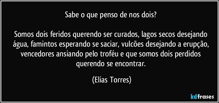 Sabe o que penso de nos dois? 
 
Somos dois feridos querendo ser curados, lagos secos desejando água, famintos esperando se saciar, vulcões desejando a erupção, vencedores ansiando pelo troféu e que somos dois perdidos querendo se encontrar. (Elias Torres)