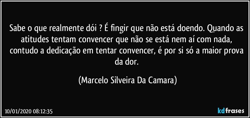 Sabe o que realmente dói ? É fingir que não está doendo. Quando as atitudes tentam convencer que não se está nem aí com nada, contudo a dedicação em tentar convencer,  é por si só a maior prova da dor. (Marcelo Silveira Da Camara)