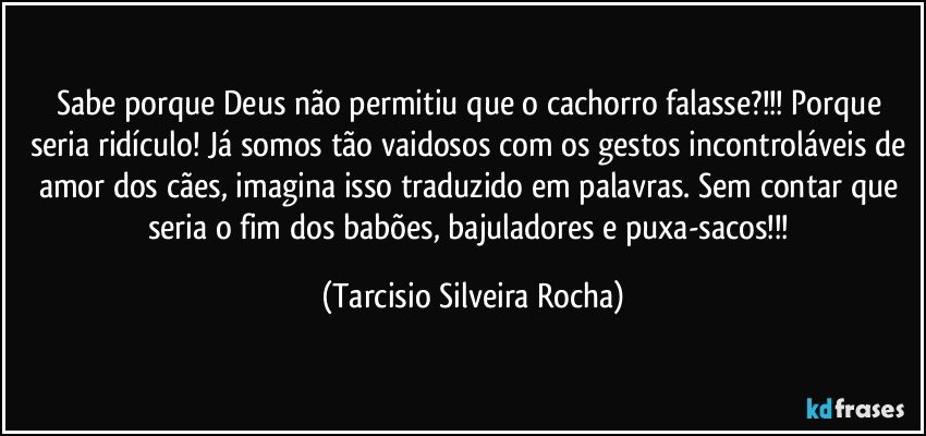 Sabe porque Deus não permitiu que o cachorro falasse?!!! Porque seria ridículo! Já somos tão vaidosos com os gestos incontroláveis de amor dos cães, imagina isso traduzido em palavras. Sem contar que seria o fim dos babões, bajuladores e puxa-sacos!!! (Tarcisio Silveira Rocha)