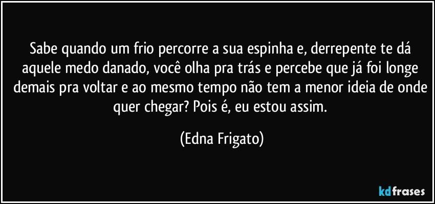 Sabe quando um frio percorre a sua espinha e, derrepente te dá aquele medo danado, você olha pra trás e percebe que já foi longe demais pra voltar e ao mesmo tempo não tem a menor ideia de onde quer chegar? Pois é, eu estou assim. (Edna Frigato)