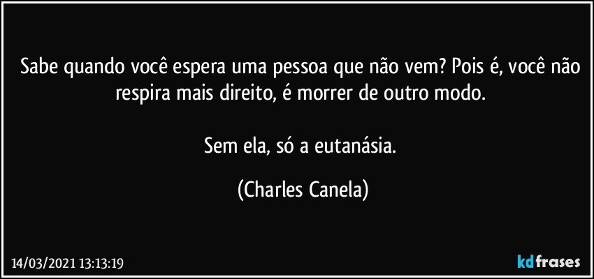 Sabe quando você espera uma pessoa que não vem? Pois é, você não respira mais direito, é morrer de outro modo. 

Sem ela, só a eutanásia. (Charles Canela)