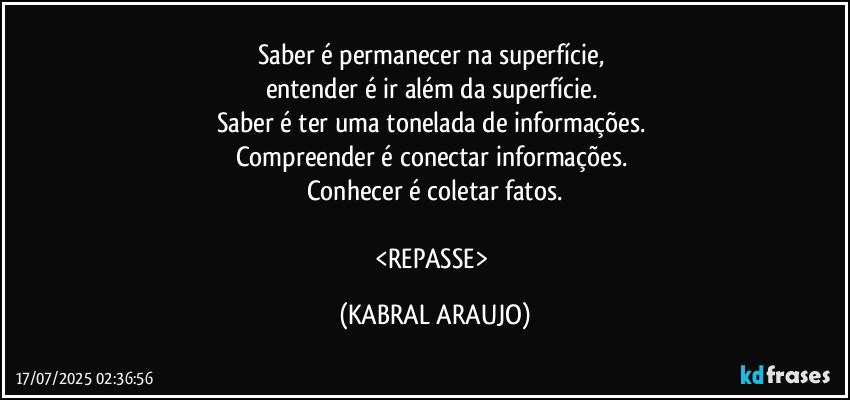 Saber é permanecer na superfície, 
entender é ir além da superfície. 
Saber é ter uma tonelada de informações. 
Compreender é conectar informações. 
Conhecer é coletar fatos.

<REPASSE> (KABRAL ARAUJO)