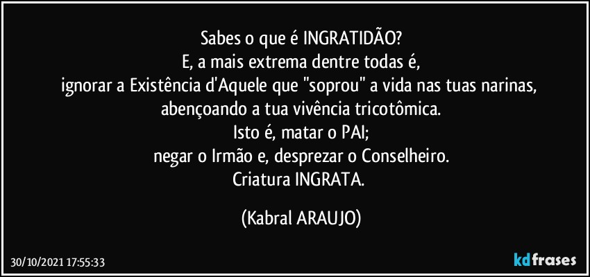 Sabes o que é  INGRATIDÃO?
E, a mais extrema dentre todas é,
ignorar a Existência d'Aquele que "soprou" a vida nas tuas narinas, abençoando a tua vivência tricotômica.
Isto é, matar o PAI;
negar o Irmão e, desprezar o Conselheiro.
Criatura INGRATA. (KABRAL ARAUJO)