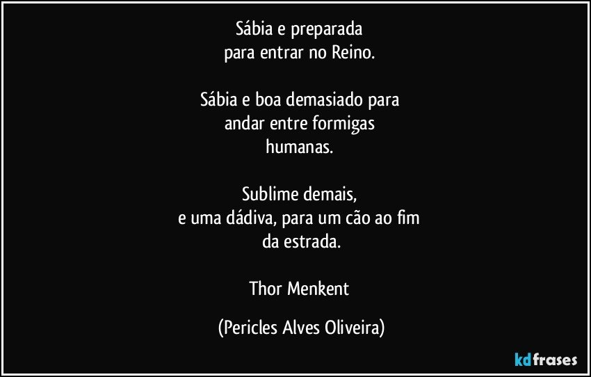 Sábia e preparada 
para entrar no Reino. 

Sábia e boa demasiado para 
andar entre formigas 
humanas. 

Sublime demais, 
e uma dádiva, para um cão ao fim 
da estrada.

Thor Menkent (Pericles Alves Oliveira)