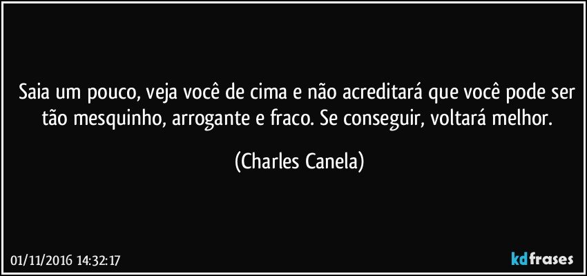 Saia um pouco, veja você de cima e não acreditará que você pode ser tão mesquinho, arrogante e fraco. Se conseguir, voltará melhor. (Charles Canela)