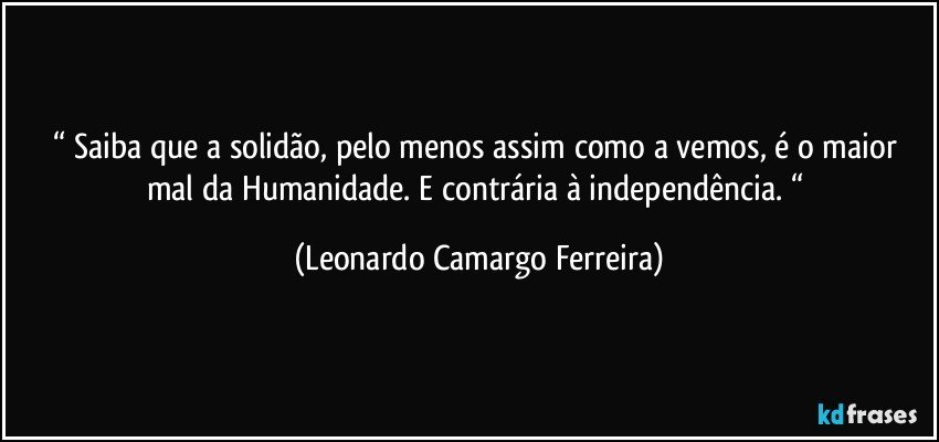 “ Saiba que a solidão, pelo menos assim como a vemos, é o maior mal da Humanidade. E contrária à independência. “ (Leonardo Camargo Ferreira)
