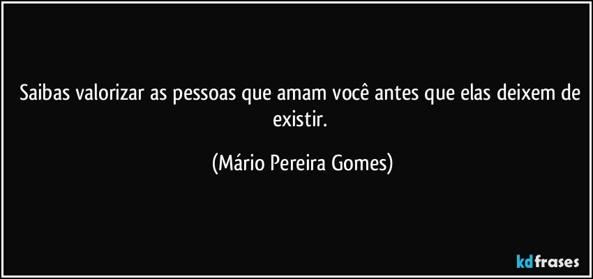 Saibas valorizar as pessoas que amam você antes que elas deixem de existir. (Mário Pereira Gomes)