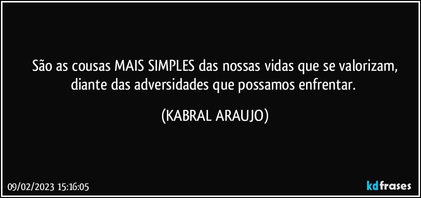 São as cousas MAIS SIMPLES das nossas vidas que se valorizam,
diante das adversidades que possamos enfrentar. (KABRAL ARAUJO)