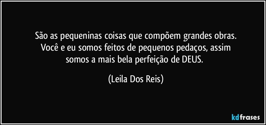 São as pequeninas coisas que compõem grandes obras.
Você e eu somos feitos de pequenos pedaços, assim
somos a mais bela  perfeição de DEUS. (Leila Dos Reis)