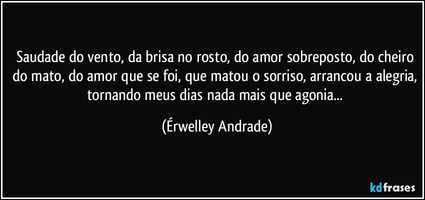 Saudade do vento, da brisa no rosto, do amor sobreposto, do cheiro do mato, do amor que se foi, que matou o sorriso, arrancou a alegria, tornando meus dias nada mais que agonia... (Érwelley Andrade)