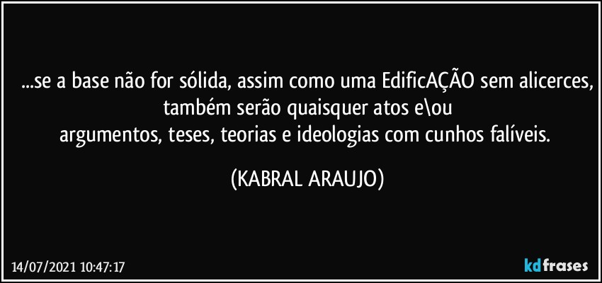 ...se a base não for sólida, assim como uma EdificAÇÃO sem alicerces,
também serão quaisquer atos e\ou
argumentos, teses, teorias e ideologias com cunhos falíveis. (KABRAL ARAUJO)