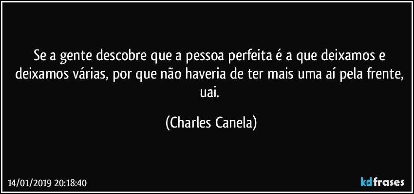 Se a gente descobre que a pessoa perfeita é a que deixamos e deixamos várias, por que não haveria de ter mais uma aí pela frente, uai. (Charles Canela)