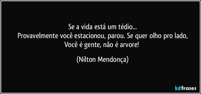 Se a vida está um tédio...
Provavelmente você estacionou, parou. Se quer olho pro lado,
Você é gente, não é arvore! (Nilton Mendonça)