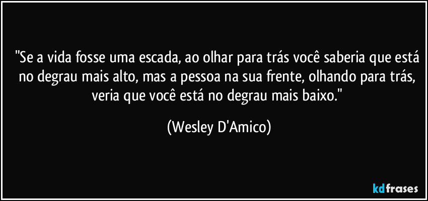 "Se a vida fosse uma escada, ao olhar para trás você saberia que está no degrau mais alto, mas a pessoa na sua frente, olhando para trás, veria que você está no degrau mais baixo." (Wesley D'Amico)