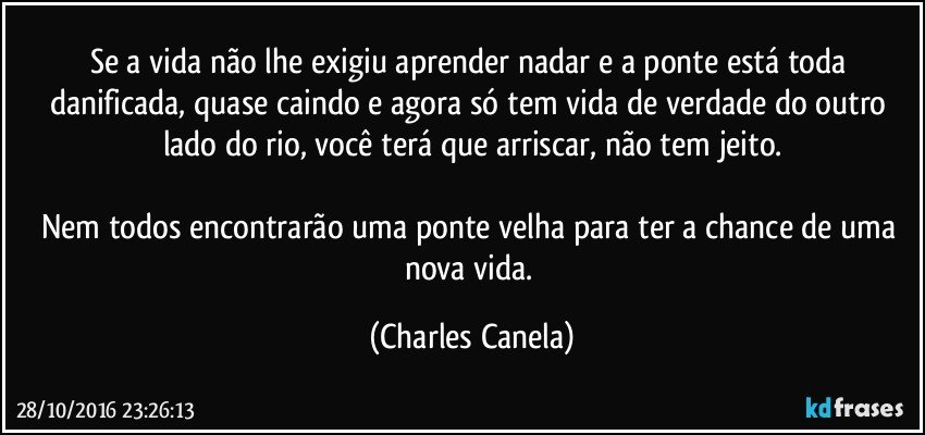 Se a vida não lhe exigiu aprender nadar e a ponte está toda danificada, quase caindo e agora só tem vida de verdade do outro lado do rio, você terá que arriscar, não tem jeito.

Nem todos encontrarão uma ponte velha para ter a chance de uma nova vida. (Charles Canela)