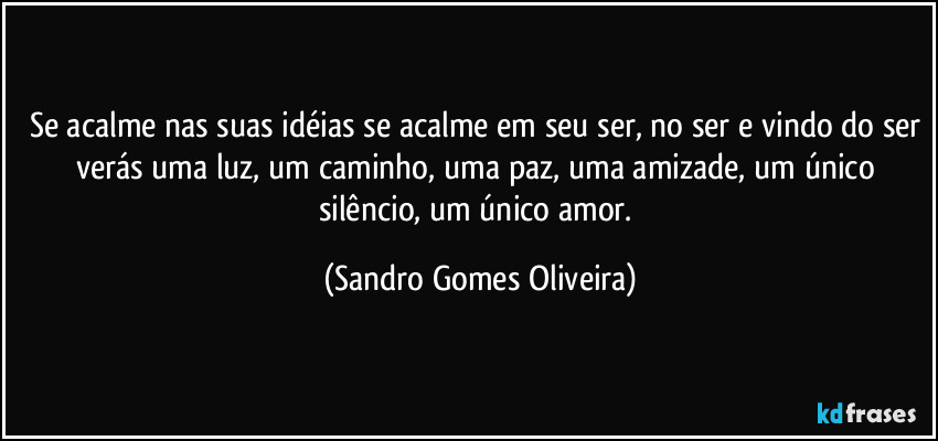 Se acalme nas suas idéias se acalme em seu ser, no ser e vindo do ser verás uma luz, um caminho, uma paz, uma amizade, um único silêncio, um único amor. (Sandro Gomes Oliveira)