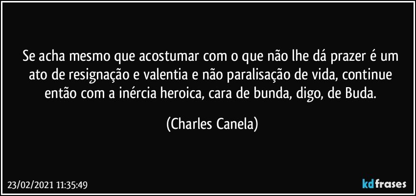 Se acha mesmo que acostumar com o que não lhe dá prazer é um ato de resignação e valentia e não paralisação de vida, continue então com a inércia heroica, cara de bunda, digo, de Buda. (Charles Canela)