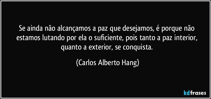 Se ainda não alcançamos a paz que desejamos, é porque não estamos lutando por ela o suficiente, pois tanto a paz interior, quanto a exterior, se conquista. (Carlos Alberto Hang)