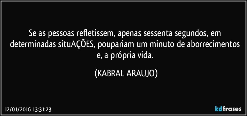 Se as pessoas refletissem, apenas sessenta segundos, em determinadas situAÇÕES, poupariam um minuto de aborrecimentos e, a própria vida. (KABRAL ARAUJO)