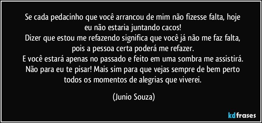 Se cada pedacinho que você arrancou de mim não fizesse falta, hoje eu não estaria juntando cacos! 
Dizer que estou me refazendo significa que você já não me faz falta, pois a pessoa certa poderá me refazer. 
E você estará apenas no passado e feito em uma sombra me assistirá. Não para eu te pisar! Mais sim para que vejas sempre de bem perto todos os momentos de alegrias que viverei. (Junio Souza)