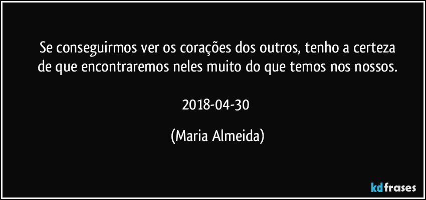 Se conseguirmos ver os corações dos outros, tenho a certeza
de que encontraremos neles muito do que temos nos nossos.

2018-04-30 (Maria Almeida)