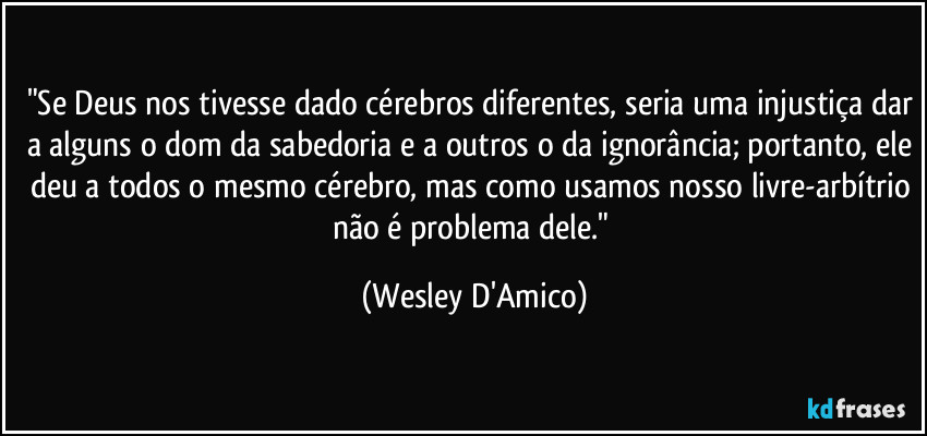 "Se Deus nos tivesse dado cérebros diferentes, seria uma injustiça dar a alguns o dom da sabedoria e a outros o da ignorância; portanto, ele deu a todos o mesmo cérebro, mas como usamos nosso livre-arbítrio não é problema dele." (Wesley D'Amico)