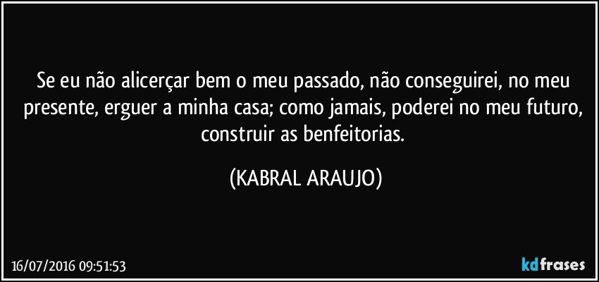 Se eu não alicerçar bem o meu passado, não conseguirei, no meu presente, erguer a minha casa; como jamais, poderei no meu futuro, construir as benfeitorias. (KABRAL ARAUJO)
