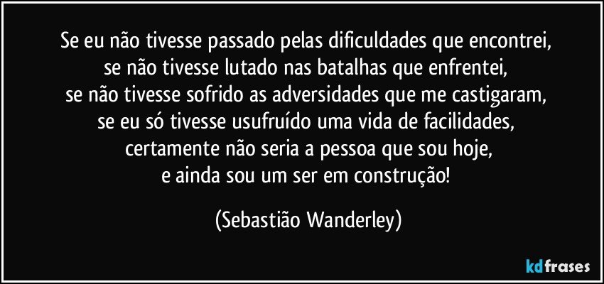 Se eu não tivesse passado pelas dificuldades que encontrei, 
se não tivesse lutado nas batalhas que enfrentei, 
se não tivesse sofrido as adversidades que me castigaram, 
se eu só tivesse usufruído uma vida de facilidades, 
certamente não seria a pessoa que sou hoje,
e ainda sou um ser em construção! (Sebastião Wanderley)