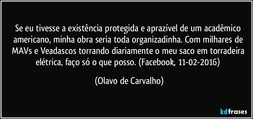 Se eu tivesse a existência protegida e aprazível de um acadêmico americano, minha obra seria toda organizadinha. Com milhares de MAVs e Veadascos torrando diariamente o meu saco em torradeira elétrica, faço só o que posso. (Facebook, 11-02-2016) (Olavo de Carvalho)