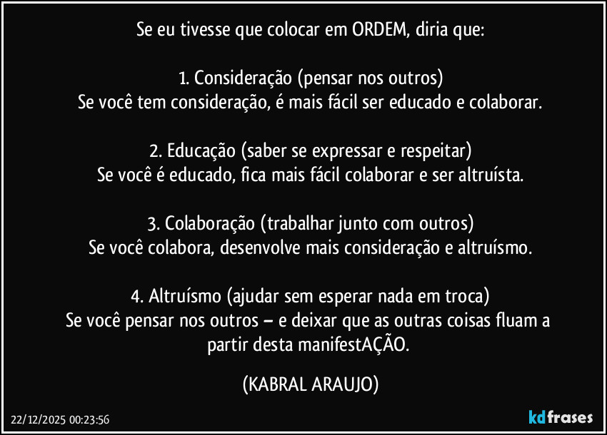 Se eu tivesse que colocar em ORDEM, diria que:

1. Consideração (pensar nos outros)
Se você tem consideração, é mais fácil ser educado e colaborar.

2. Educação (saber se expressar e respeitar)
Se você é educado, fica mais fácil colaborar e ser altruísta.

3. Colaboração (trabalhar junto com outros)
Se você colabora, desenvolve mais consideração e altruísmo.

4. Altruísmo (ajudar sem esperar nada em troca)
Se você pensar nos outros – e deixar que as outras coisas fluam a partir desta manifestAÇÃO. (KABRAL ARAUJO)