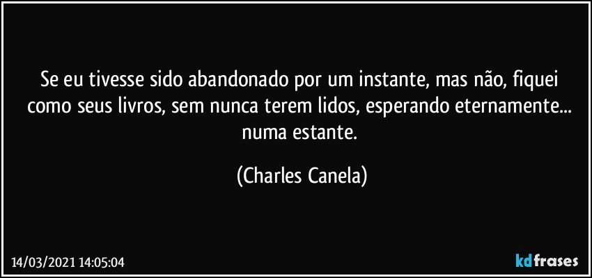 Se eu tivesse sido abandonado por um instante, mas não, fiquei como seus livros, sem nunca terem lidos, esperando eternamente... numa estante. (Charles Canela)