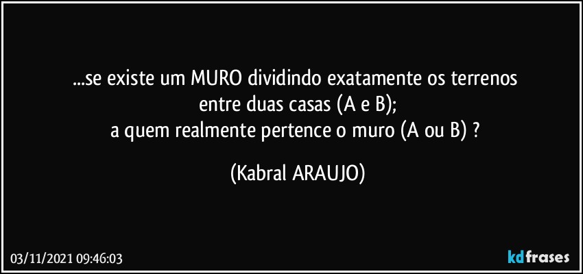 ...se existe um MURO dividindo exatamente os terrenos 
entre duas casas (A e B);
a quem realmente pertence o muro (A ou B) ? (KABRAL ARAUJO)