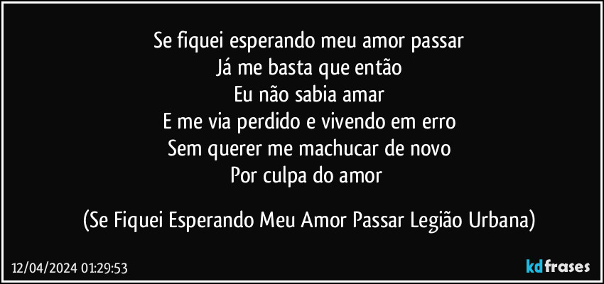 Se fiquei esperando meu amor passar
Já me basta que então
Eu não sabia amar
E me via perdido e vivendo em erro
Sem querer me machucar de novo
Por culpa do amor (Se Fiquei Esperando Meu Amor Passar Legião Urbana)