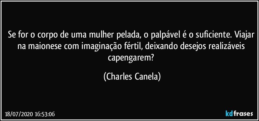 Se for o corpo de uma mulher pelada, o palpável é o suficiente. Viajar na maionese com imaginação fértil, deixando desejos realizáveis capengarem? (Charles Canela)