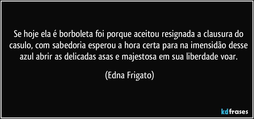 Se hoje ela é borboleta foi porque aceitou resignada a clausura do casulo, com sabedoria esperou a hora certa para na imensidão desse azul abrir as delicadas asas e majestosa em sua liberdade voar. (Edna Frigato)