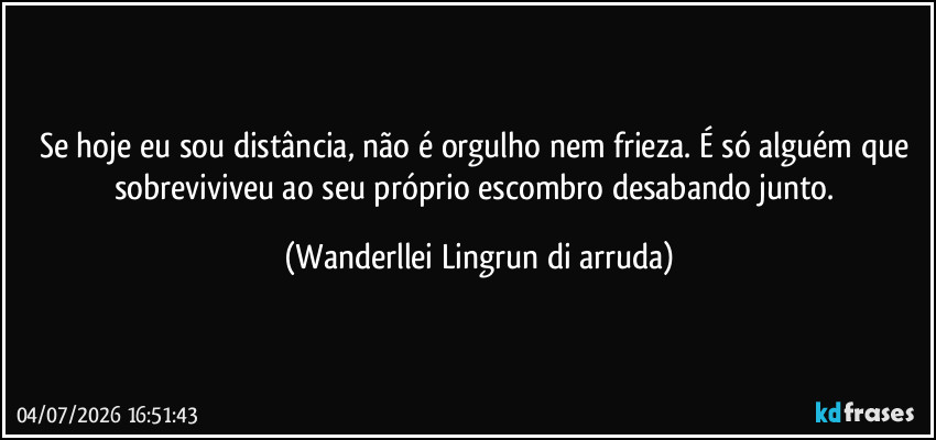 Se hoje eu sou distância, não é orgulho nem frieza. É só alguém que sobreviviveu ao seu próprio escombro desabando junto. (Wanderllei Lingrun di arruda)