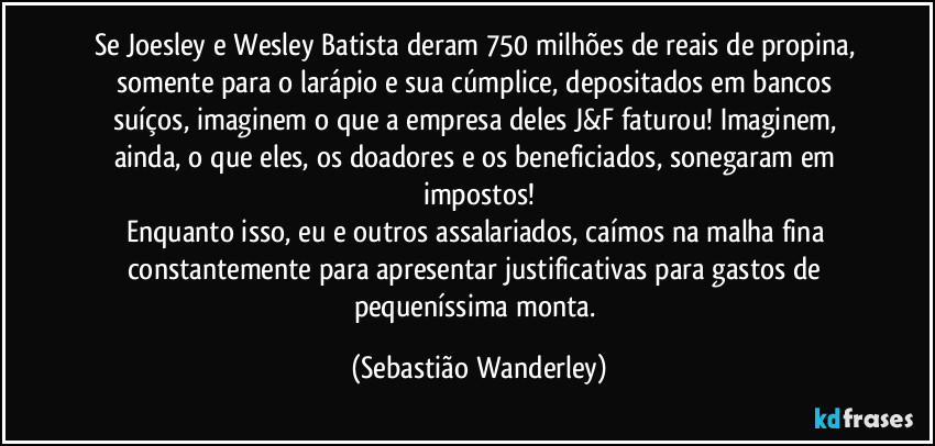 Se Joesley e Wesley Batista deram 750 milhões de reais de propina, somente para o larápio e sua cúmplice, depositados em bancos suíços, imaginem o que a empresa deles J&F faturou! Imaginem, ainda, o que eles, os doadores e os beneficiados, sonegaram em impostos!
Enquanto isso, eu e outros assalariados, caímos na malha fina constantemente para apresentar justificativas para gastos de pequeníssima monta. (Sebastião Wanderley)