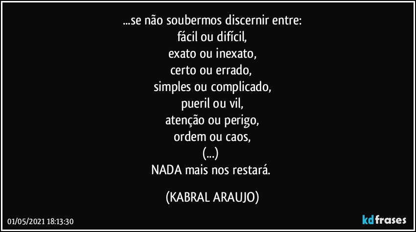 ...se não soubermos discernir entre:
fácil ou difícil,
exato ou inexato,
certo ou errado, 
simples ou complicado,
pueril ou vil,
atenção ou perigo,
ordem ou caos,
(...) 
NADA mais nos restará. (KABRAL ARAUJO)