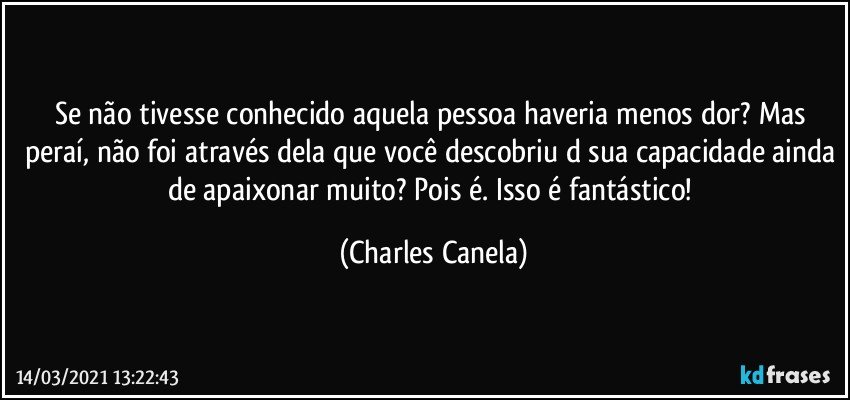 Se não tivesse conhecido aquela pessoa haveria menos dor? Mas peraí, não foi através dela que você descobriu d sua capacidade ainda de apaixonar muito? Pois é. Isso é fantástico! (Charles Canela)